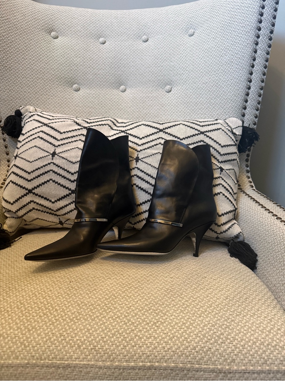 Givenchy Black Pointed Leather Mid-Calf Boots with Metallic Accent - Picture 2 of 10